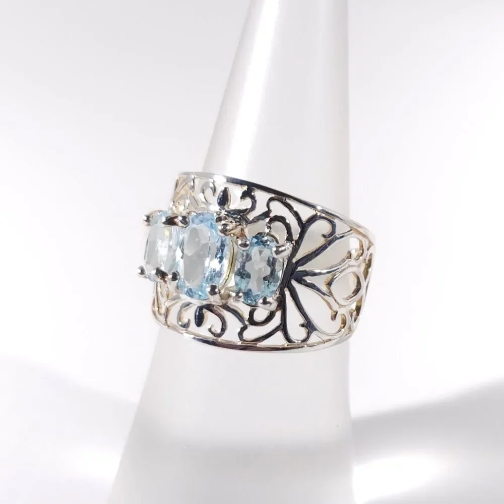 Sky Blue Topaz Filigree Ring Sterling Silver Size 5-3/4